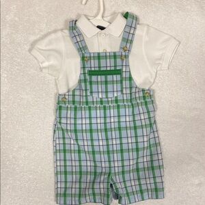 Hartstrings Green and Blue Plaid shortall Overalls with White Shirt 24m